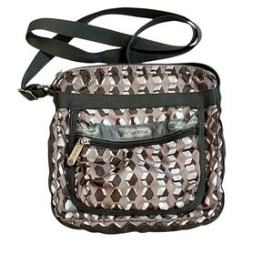 LeSportsac Crossbody Bag Geometric 3D Cube Print Brown Grey Nylon Travel Purse